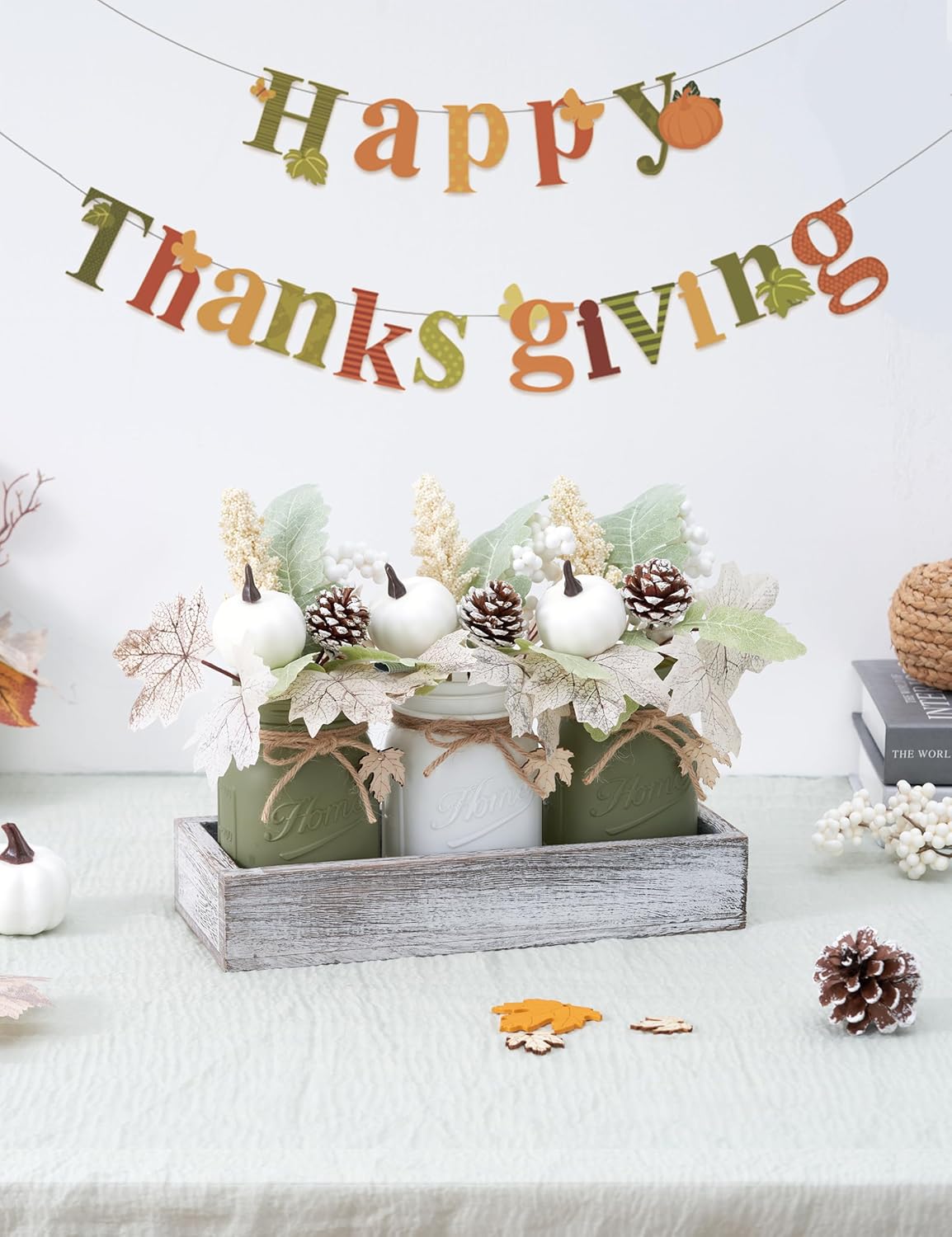 Fall Thanksgiving Table Decor, Centerpieces for Tables with Mason Jar, Fake Flowers, Wood Tray, 16 Pcs Pumpkin Fall Thanksgiving Centerpieces Table Decorations for Home, Farmhouse Kitchen Decor