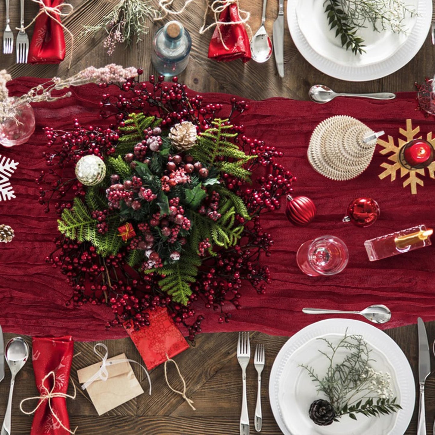 1 Pack Cheesecloth Table Runner 10Ft Christmas Gauze Boho Table Runners for Wedding Decor Bridal Shower Decorations Baby Shower Party(35" x 120")