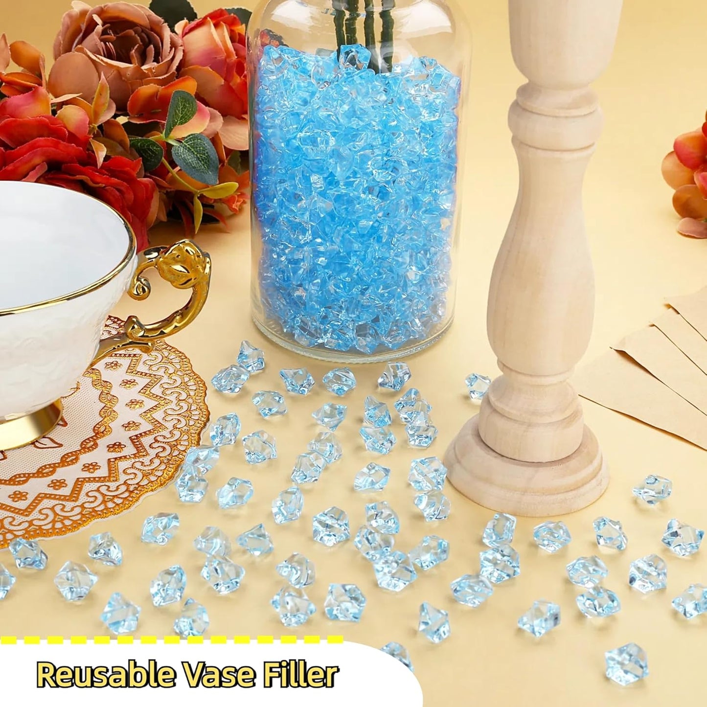 YATOJUZI 500pcs Fake Ice Cubes Sky Blue Acrylic Crushed Rocks Vase Fillers Plastic Diamonds Gems for DIY Party Wedding Centerpiece Table Scatter Prop Display 0.5" (Only Sky Blue)