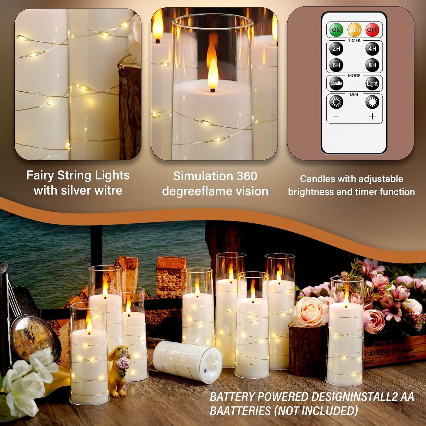 Flameless LED Candles with Timer 9 Pc Flickering Flameless Candles for Romantic Ambiance and Home Decoration Stable Acrylic Shell,with Embedded Star String，Battery Operated Candles（White）