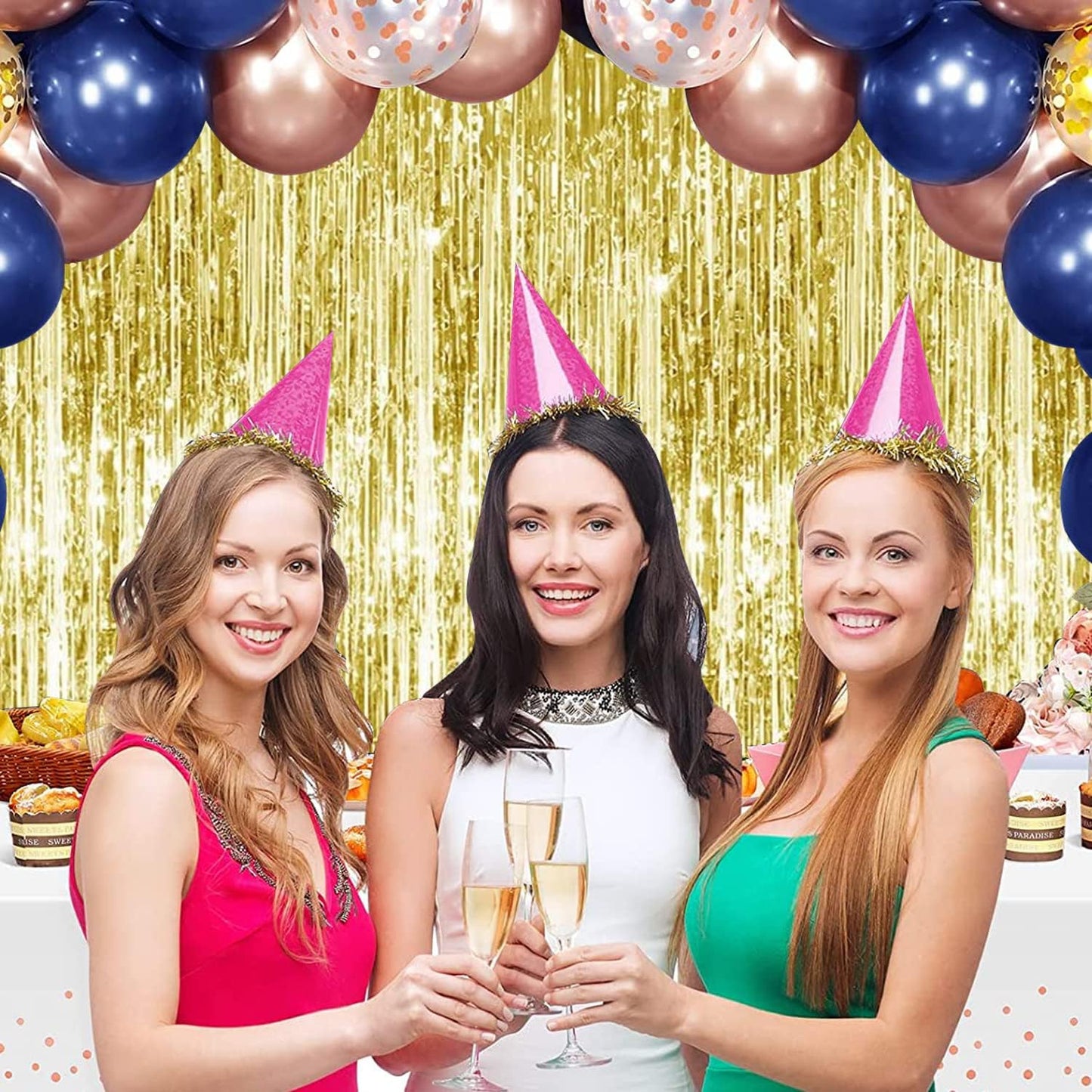 TONIFUL 2Pcs Gold Metallic Tinsel Foil Fringe Curtains,Gold Photo Booth Backdrop Streamer Curtain Photo Booth Props for Bachelorette Party,Birthday,Graduation,Christmas Decor(6.6ft x 9.9ft)