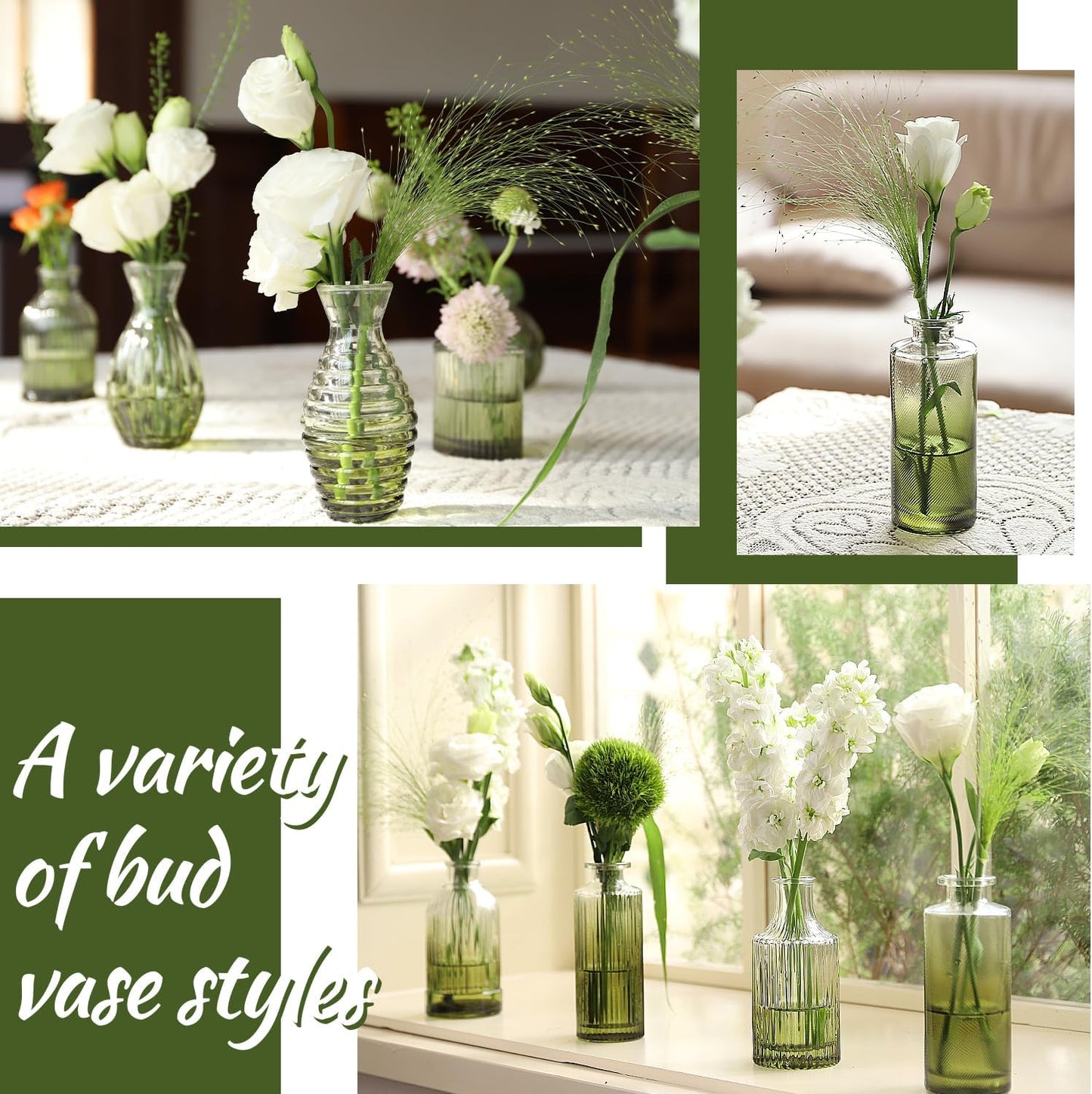 Green Bud Vases Set of 12, Green Glass Vase for Decor, Small Vases for Flowers Ribbed Flower Vase Stripe Bud Vases in Bulk Wedding Birthday Bridal Shower Centerpieces Home Table Decoration