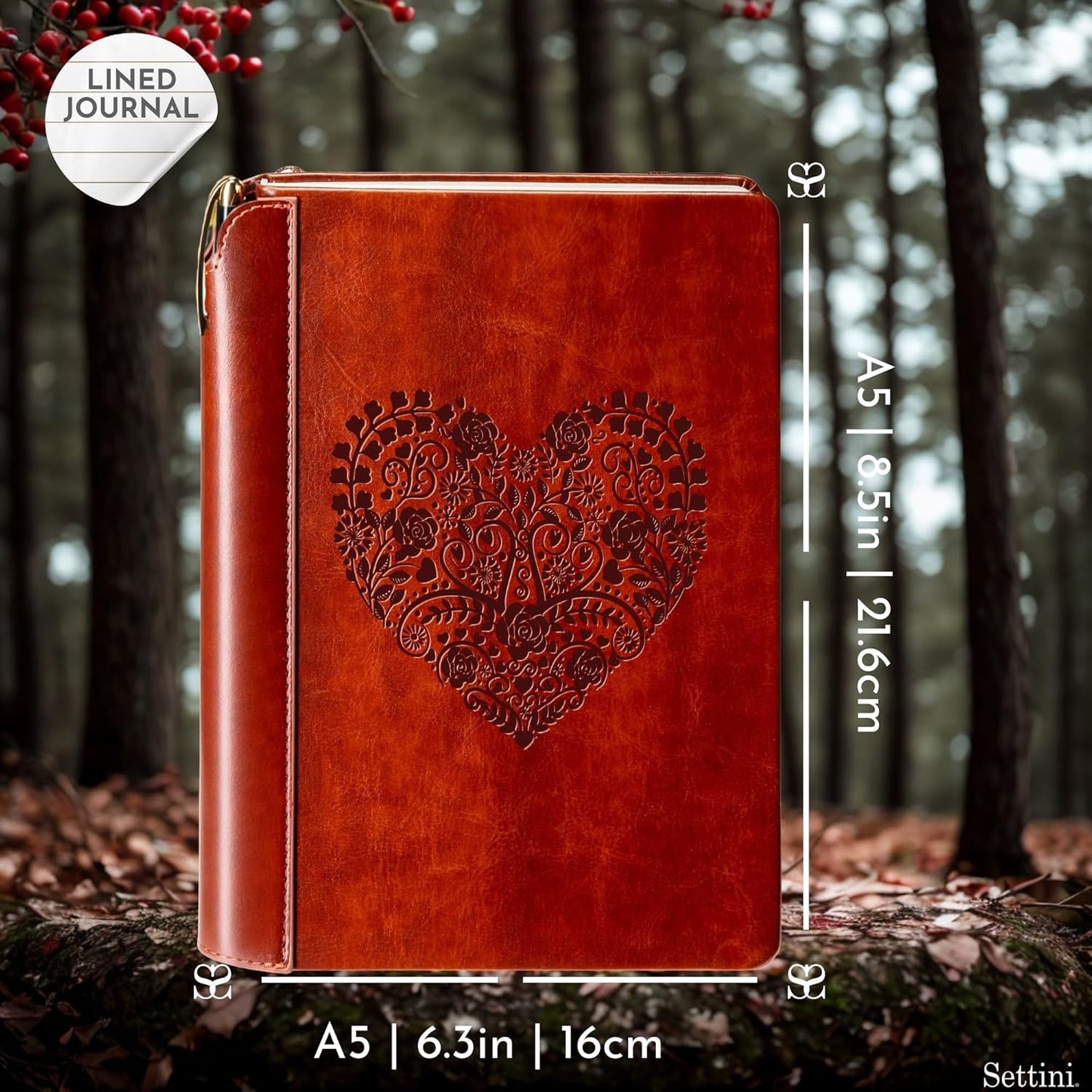 SETTINI® Lined Journal - Heart Journal for Writing Gift Set - Hardcover Vegan Leather, Includes Luxury Pen in a Unique Pen Holder, 192 Pages, 6 x 8.5 inches - Birthday Gift