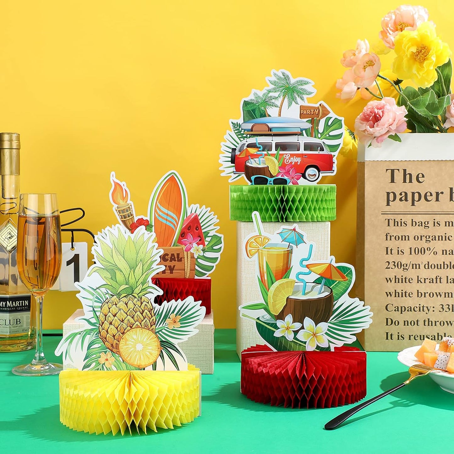 Waydress 9 Pcs Hawaiian Luau Party Decorations Margaritaville Tropical Centerpieces for Tables 6.9 x 8.5 Inches Hawaiian Honeycomb Centerpieces for Luau Summer Themed Tiki Party Supplies