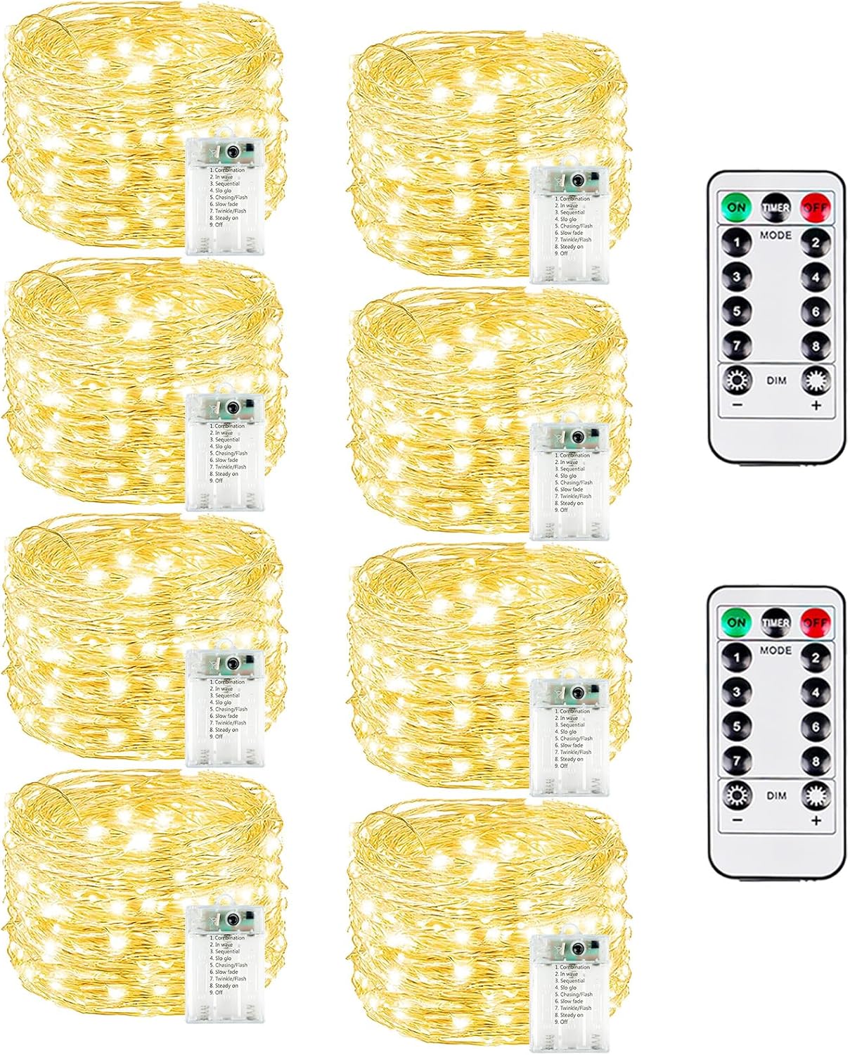 8 Pack Each 20FT 60LED Fairy Lights Battery Operated with Remote, Waterproof Twinkle Lights with Timer, Cuttable String Light Indoor & Outdoor for Bedroom Classroom Wedding DIY Christmas (Warm White)