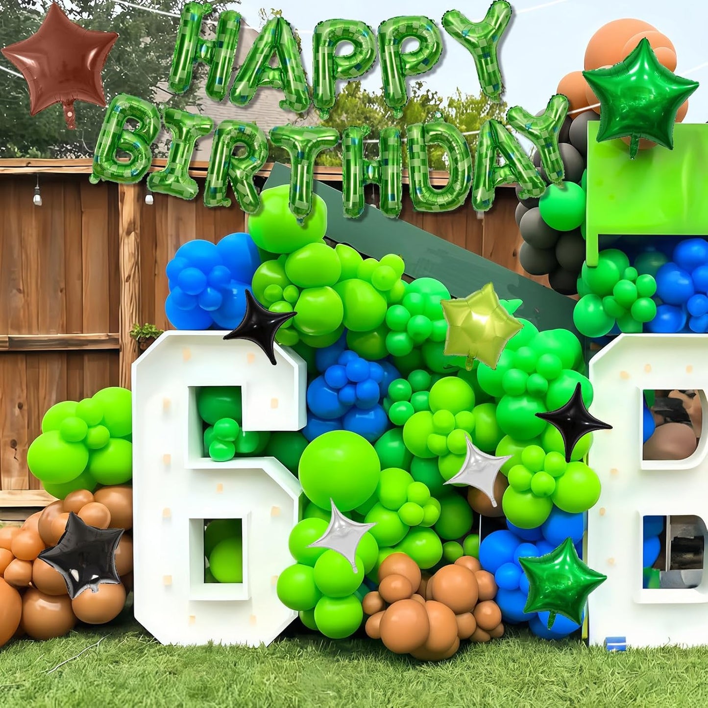 Pixel Happy Birthday Balloon Banner, 16 Inch Pixel Green Foil Letter Balloons with 9 Pcs Star Foil Balloons, 8-Bit Gaming Party Decorations for Boys Girls Themed Birthday, Retro Arcade Party Supplies