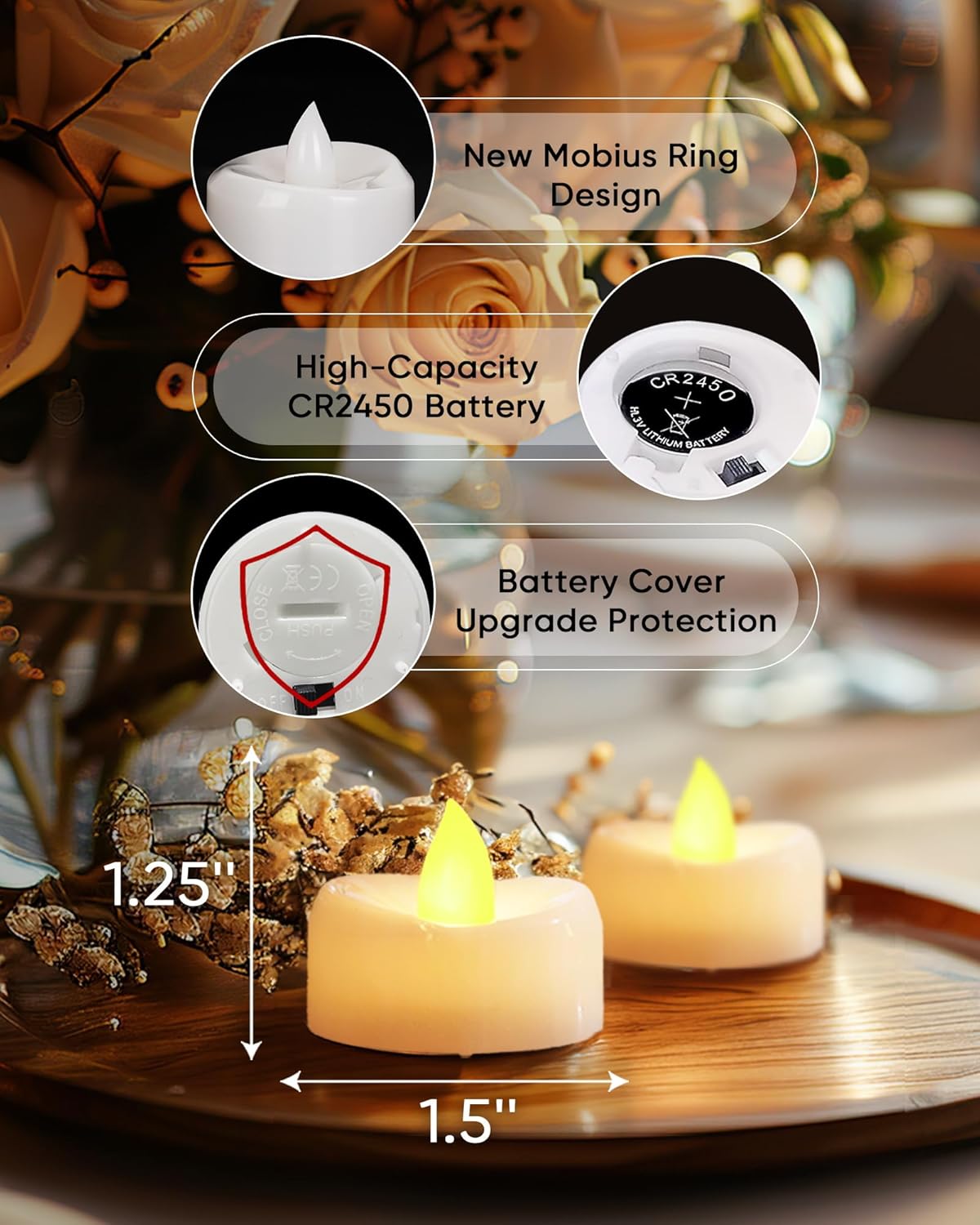 Remote Candles, 24PCS Flameless Tea Lights Candle Battery Operated with Timer, 400+Hours Remote Control LED Tea Lights Votive Candle - 1.5'' D X 1.25'' H- Warm Yellow Light