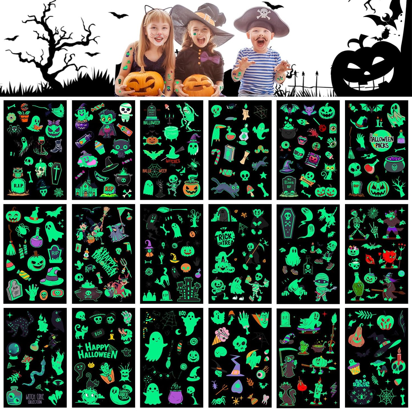 LOMIMOS 320PCS Glow in The Dark Halloween Temporary Tattoos for Kids, Waterproof Scary Removable Face & Body Stickers for Treat or Trick Bag Stuffers Party Favors Carnival Prizes Bulk (16 Sheets)