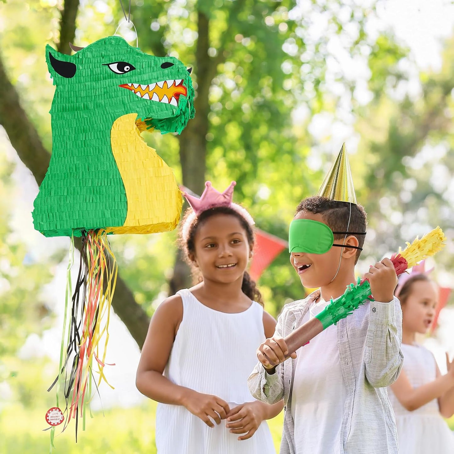 WERNNSAI Foldable Dragon Piñata - Dinosaur Birthday Party Supplies Dino Extendable Piñata Bundle with Blindfold Stick and Tassels for Boys Kids Dragon Theme Bday Party Game Decorations 16.2” x 12.5”