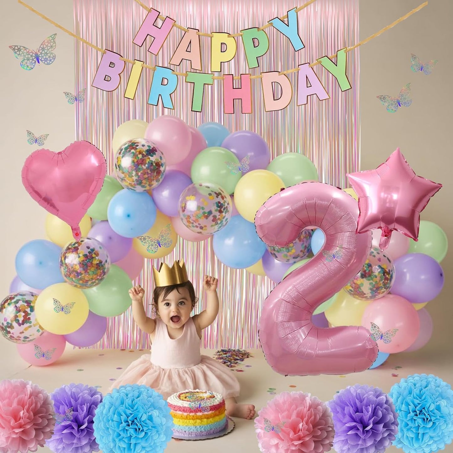 Pastel 2nd Birthday Party Decorations for Girls Number 2 Balloon Happy Birthday Banner Butterfly Stickers Fringe Curtain Paper Pom Poms Macaron Pink Star Foil Colorful Balloons Baby 2 Year Old Decor