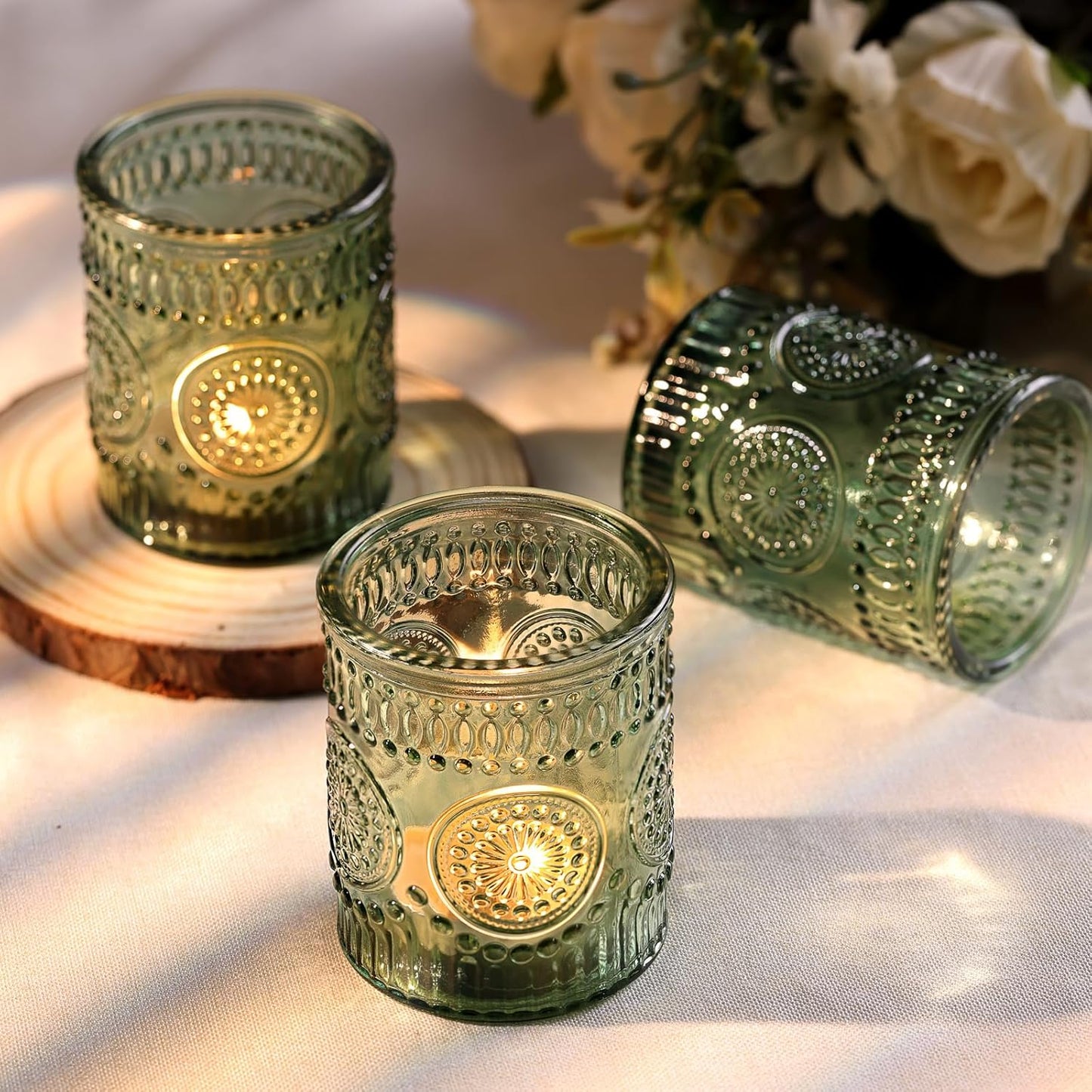 DARJEN Green Votive Candle Holders Set of 36- Glass Candle Holders Bulk for Flameless LED Tea Waxes, Tea Light Candle Holder for Wedding & Home Table Decor, Vintage Parties Gifts