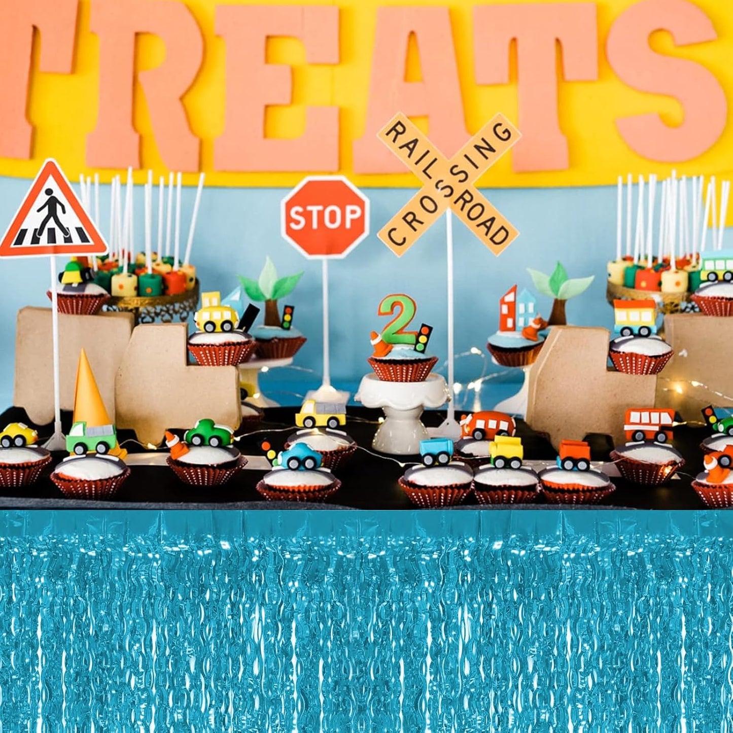 4P Wavy Metallic Tinsel Foil Fringe Table Skirts for Rectangle Tables Backdrop Garland Curtains for Parade Floats Wedding Birthday Parties Decoration Graduation 2025 Christmas (Lake Blue)