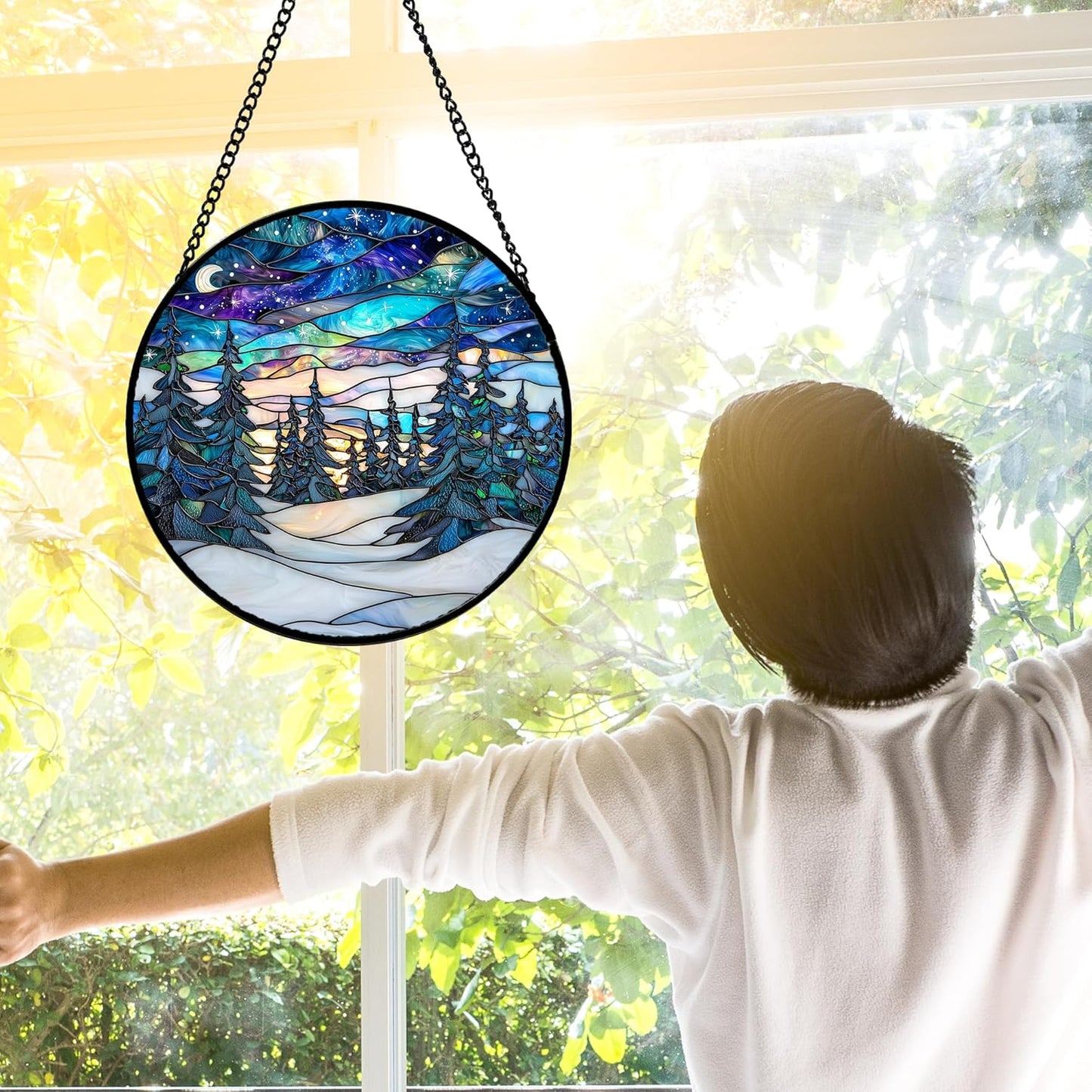 Stained Glass Window Hanging, Starry Sky Trees and Snow Sun Catchers Glass Panel Blue Suncatcher Decor for Birthday for Women, Men, Wife, Aunt, and Mom 6.3 in
