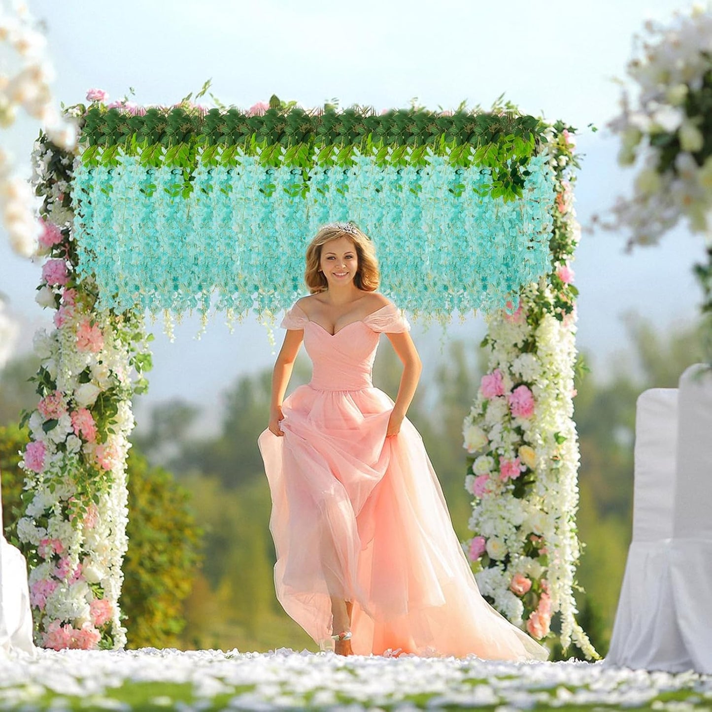 5 Pack Teal Wisteria Hanging Flowers, 3.44 Ft Fake Hanging Flowers, Artificial Wisteria Garland Vines for Wedding Room Backdrop Outdoor Patio Garden Decoration