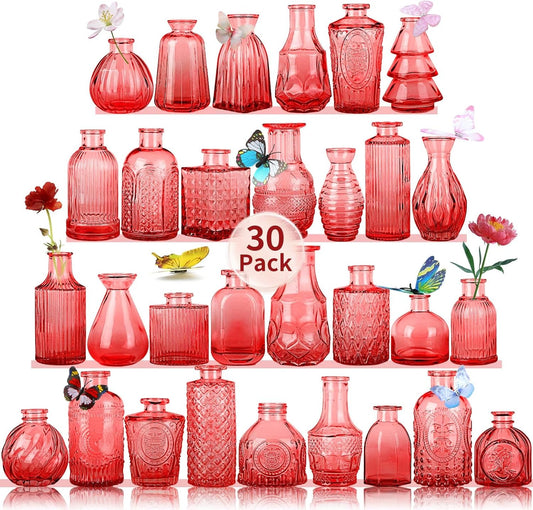Glass Bud Vases Set of 30 pcs for Wedding,Home Decor,and Events,Mini Vases for Centerpieces and Gifts,Ideals for Candle Holders,Diffuse Bottles,Plant hydroponics Stations(Wine Red)