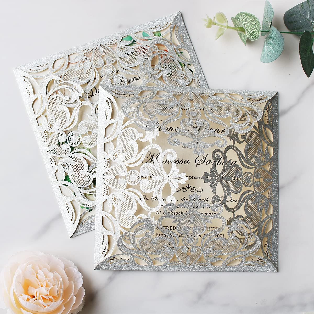 Hosmsua 50PCS Personalized Silver Glitter Laser Cut Wedding Invitation Cards With Envelopes 6.3 x 6.3 Inch Hollow Lace Rose Pocket and for Quinceanera Wedding Invite (Silver Glitter)