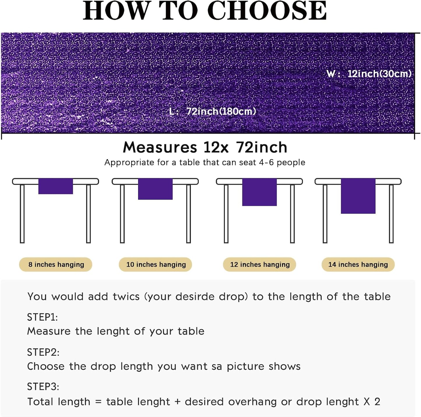 6 Packs 12 x 72 inches Sequin Table Runner, Purple Glitter Table Runner for Birthday Party Supplies Wedding Engagement Baby Shower Holiday Celebration Event Decorations