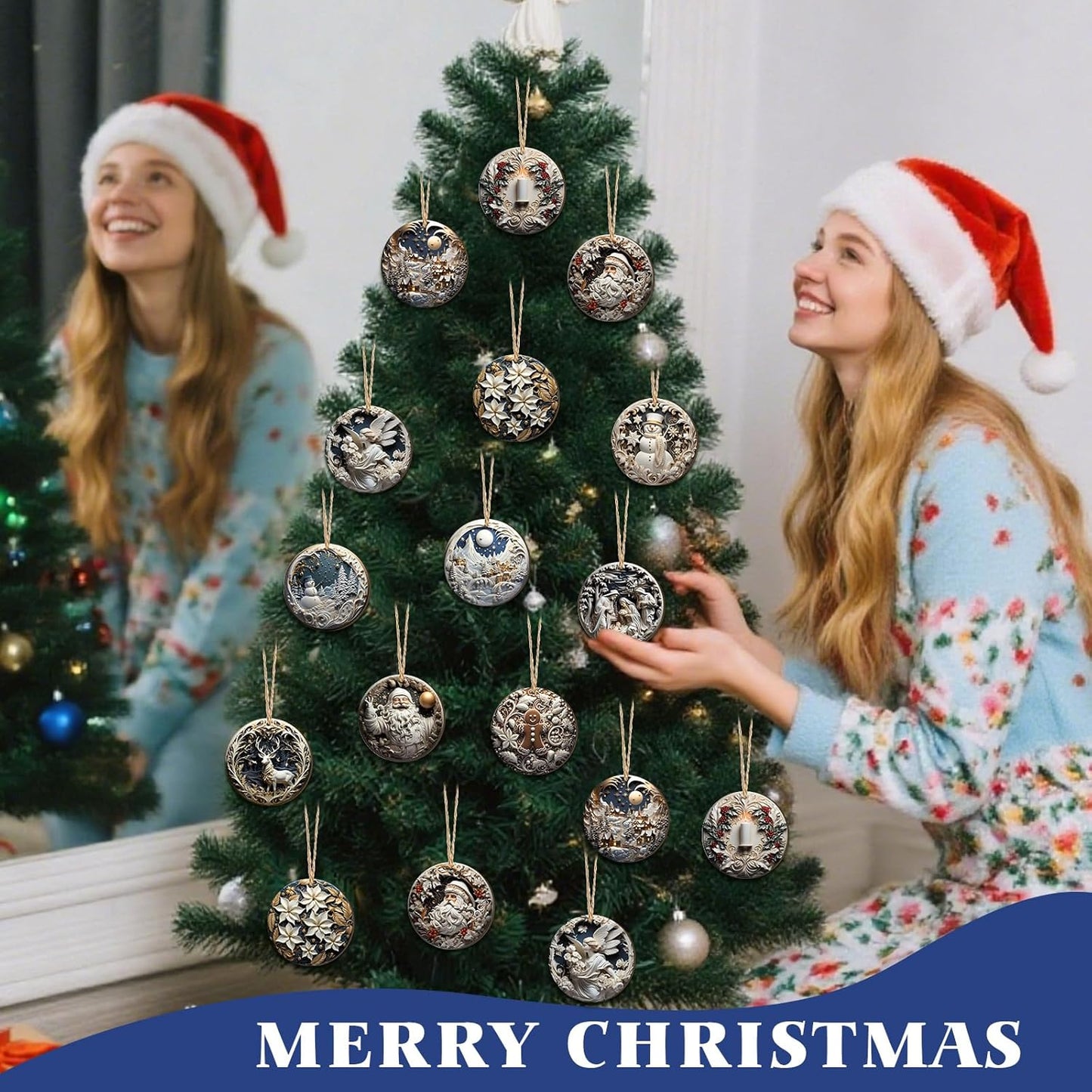 Suzile 36 Pcs Christmas Wooden Ornaments Vintage Christmas Decoration White Sculpture Hanging Decor Retro Round Santa Claus Snowman Tree Decoration for Farmhouse Xmas Home Wreaths Winter Party