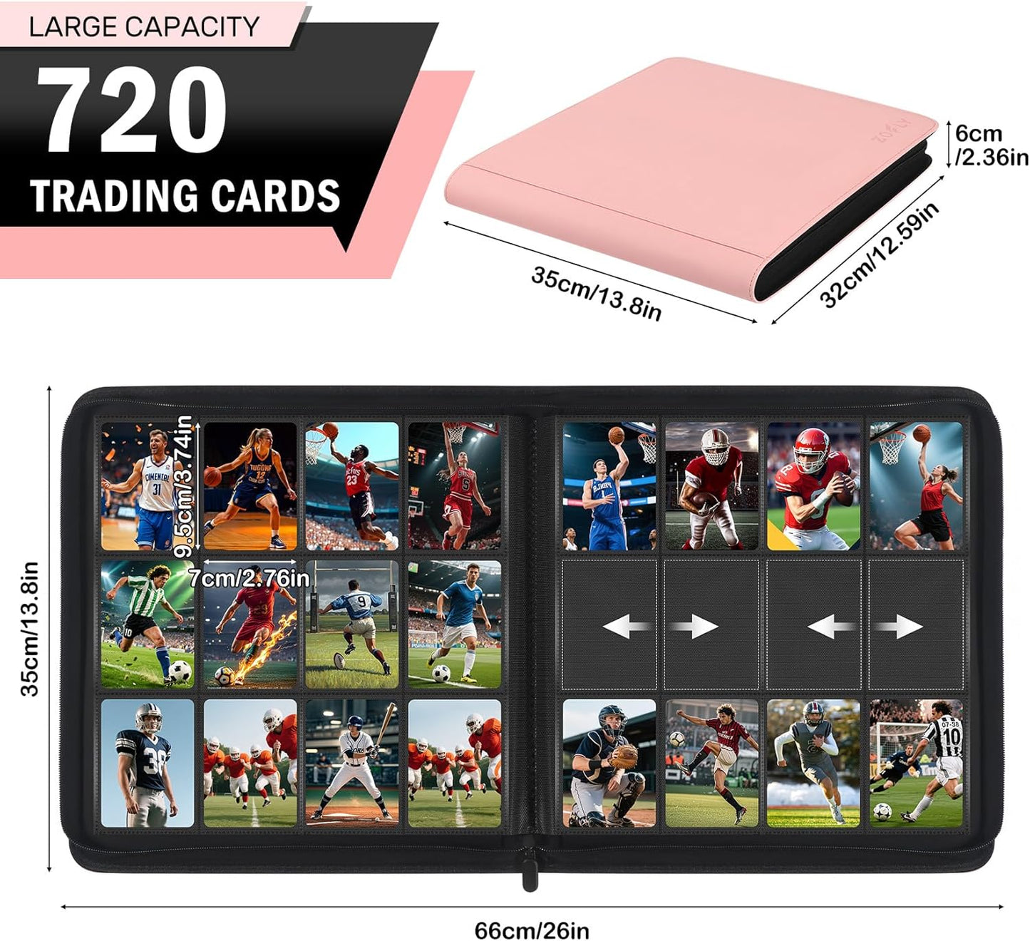 12 Pocket Card Binder, Zipper Trading Card Binder, 720 Large Capacity Side Loading Non-Ring Card Album, Double Sided Acid-Free Card Protector Binder, Card Collection for TCG, MTG, Sport Card, Pink