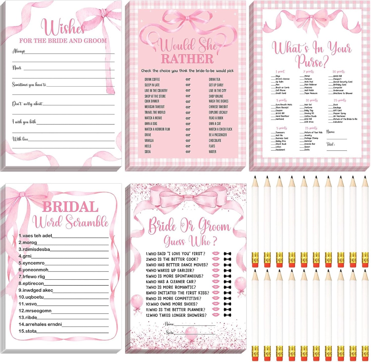 Teling 145 Pieces Bridal Shower Game Bridal Shower Favors Set Wedding Games Cards and Pencils for Bride Groom Bachelorette Party Wedding Party Favor (Pink Bow Style)