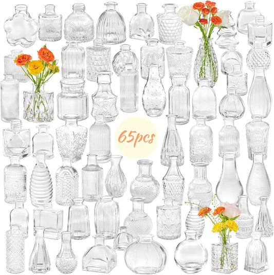 65PCS Glass Bud Vase Set, Different Small Vases for Flowers, Clear Centerpieces, Mini in Bulk Rustic Wedding Decorations, Vintage Look Home Table Flower Decor