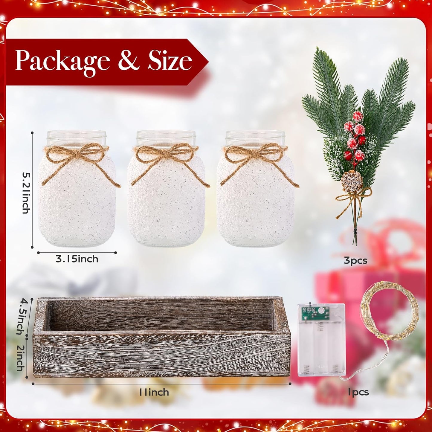 Christmas Centerpieces for Tables, Table Decor with Mason Jar, Flowers Picks, Farmhouse Wood Tray, Christmas Winter Table Decorations Centerpieces, Xmas Holiday, Kitchen, Room, Dining Decor