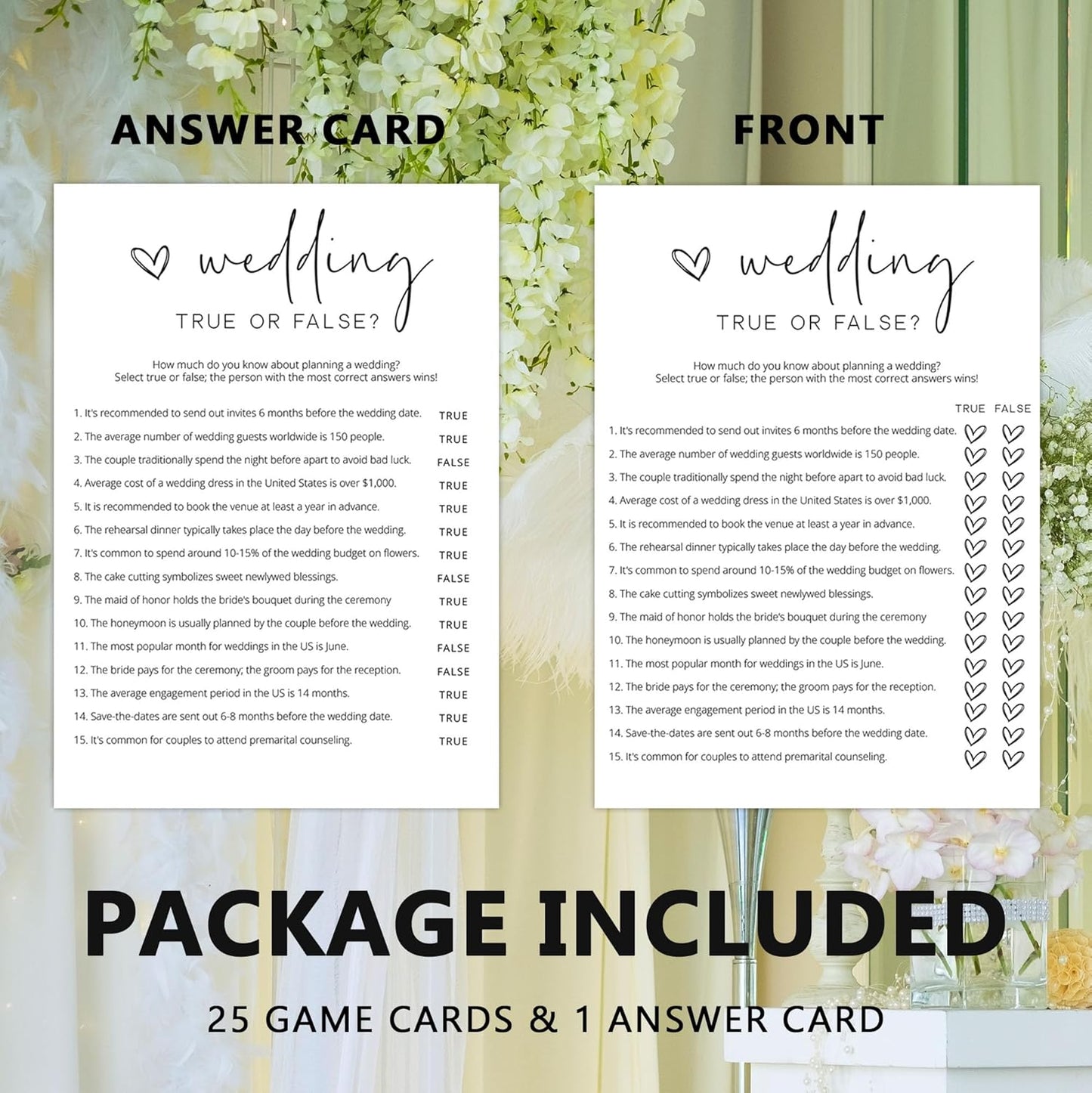 Bridal Shower Games, True or False, 25Pcs Minimalist White Double-Sided Bridal Game Cards with 1 Answer Key, Wedding Shower Games for Guests, Engagement Bachelorette Party Supplies - A07