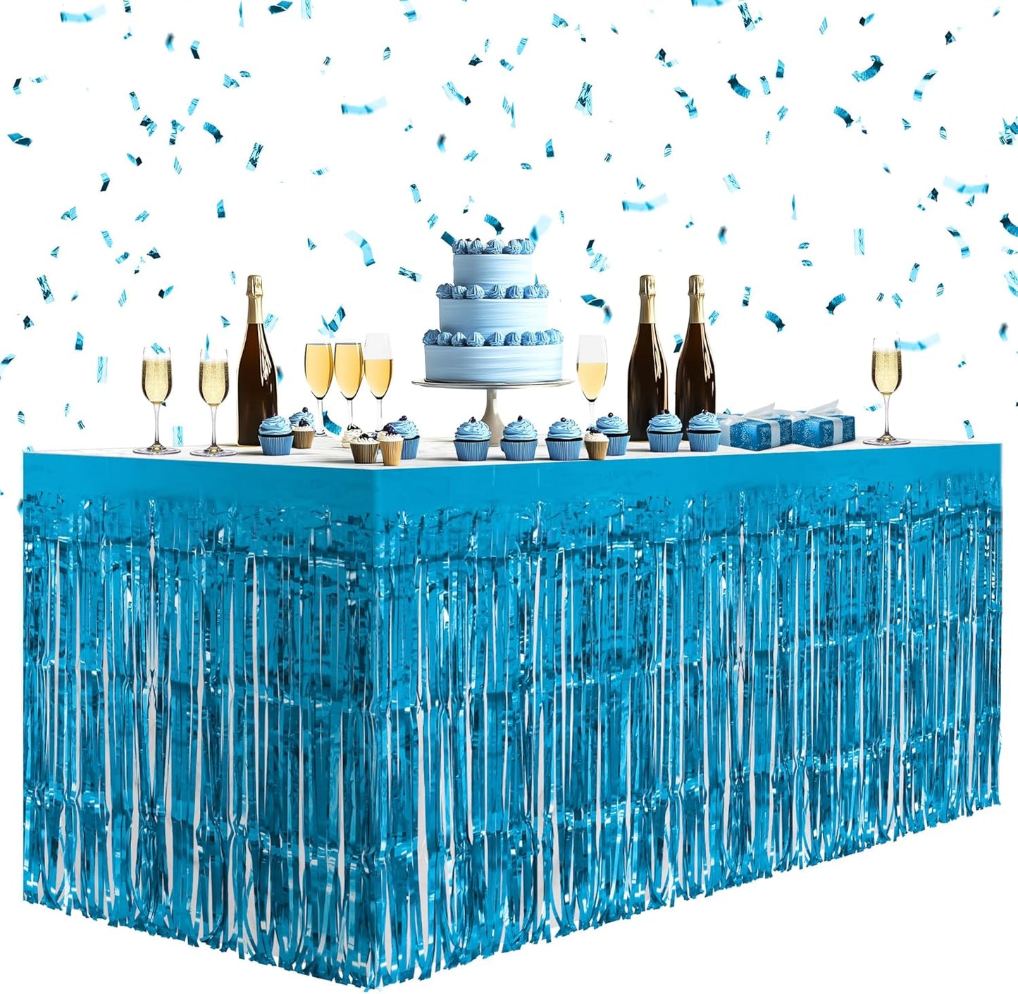 1 Pack Lake Blue Table Skirts, 29x108" Metallic Foil Tinsel Fringe Table Skirts for Rectangle Tables Streamer Curtains Backdrop, Party Decorations for Birthdays Weddings Holidays