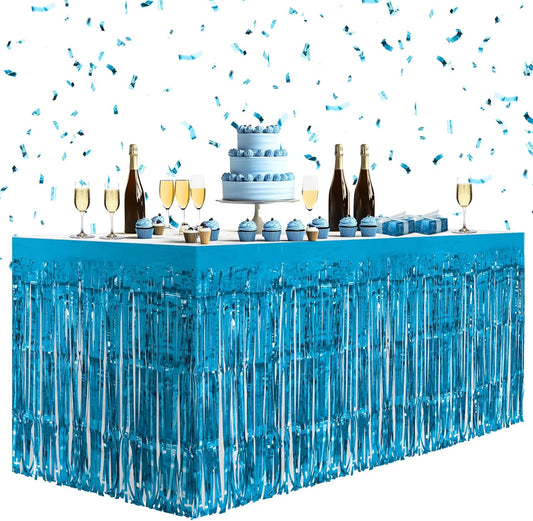 1 Pack Lake Blue Table Skirts, 29x108" Metallic Foil Tinsel Fringe Table Skirts for Rectangle Tables Streamer Curtains Backdrop, Party Decorations for Birthdays Weddings Holidays