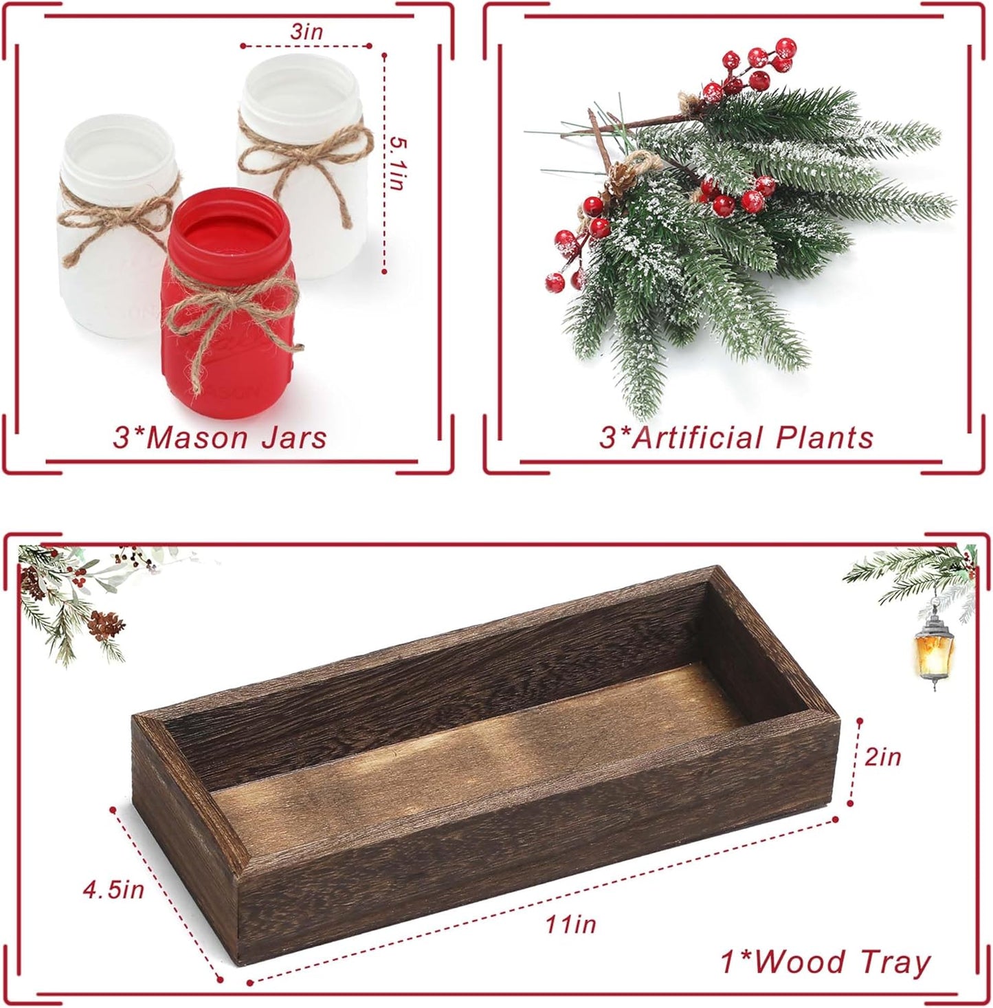 Christmas Mason Jars, Christmas Centerpieces for Tables, Wood Tray & 3 Painted Decorative Jars, Xmas Table Centerpieces Decoration, Farmhouse Dining Table Kitchen Decorations Home Decor