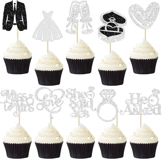 Gyufise 30Pcs She Said Yes Cupcake Toppers Glitter Diamond Ring I Do Love Cupcake Picks Miss to Mrs He Asked Bridal Shower Wedding Engagement Bachelorette Cake Decoration Silver