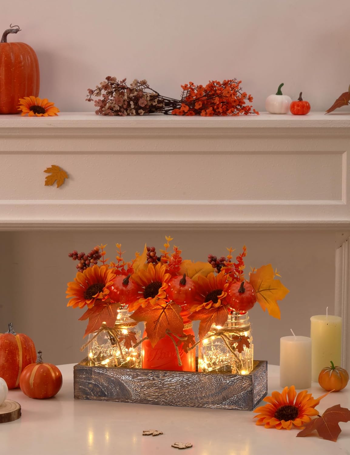 Fall Thanksgiving Table Decor, Centerpieces for Tables with Mason Jars, Fake Flowers, Wood Tray, 25 Pcs Pumpkin Fall Thanksgiving Centerpieces Table Decorations for Home Indoor, Autumn Decor