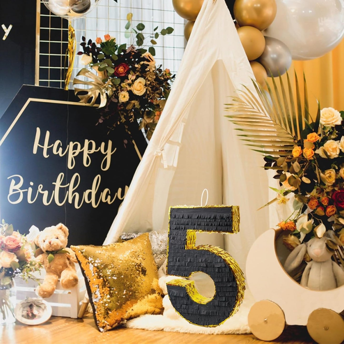 PCFING 20 Inch Number 5 Piñata Gold Black with 30 Inch Piñata Stick Blindfold Confetti for Man Women Boys Girls Birthday Party Decorations, Anniversary Celebration, Fiesta