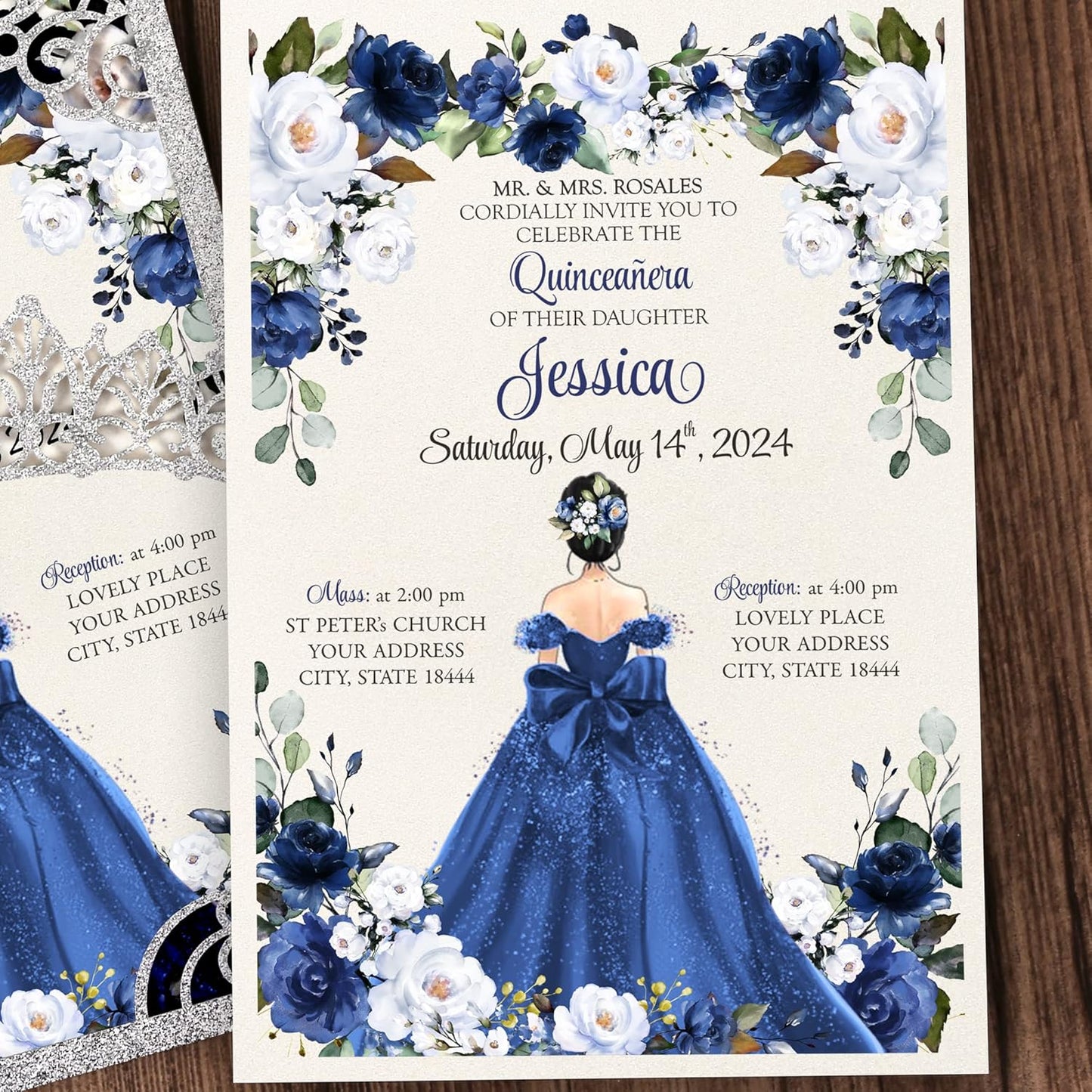 50Pcs Navy Blue Crown Invitations for Quinceanera, 15 year, Sweet 16, Miss XV, Birthday Laser Cut Quince Invitation Cards Personalized Glitter Silver