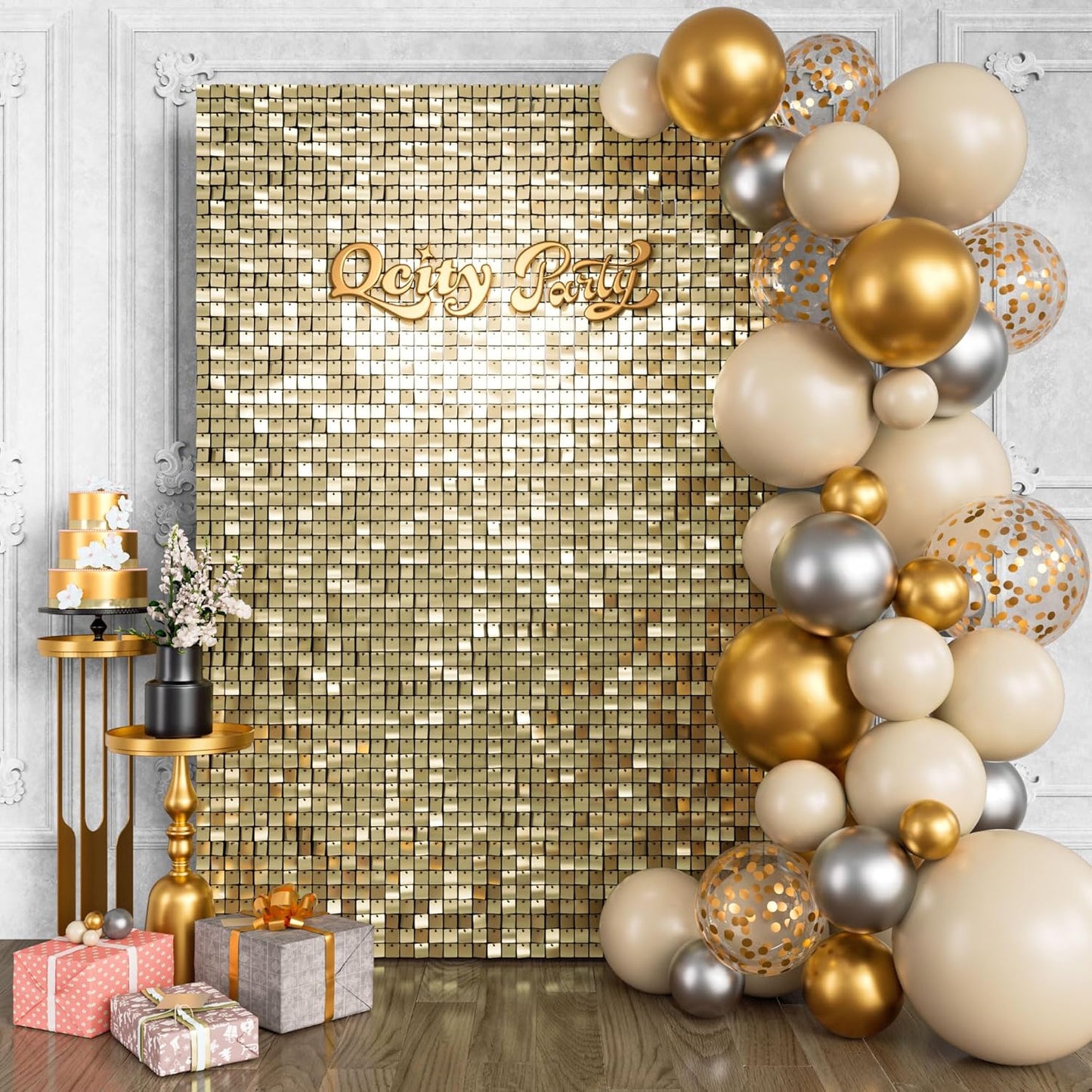 Qcity Light Gold Shimmer Wall Backdrop 24PCS, Black Back Not See-Through Design, Square Sequin Glitter Backdrop Panel, Perfect for Outdoor Events, Birthdays, Wedding and Party Decoration