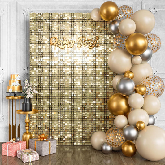 Qcity Light Gold Shimmer Wall Backdrop 24PCS, Black Back Not See-Through Design, Square Sequin Glitter Backdrop Panel, Perfect for Outdoor Events, Birthdays, Wedding and Party Decoration