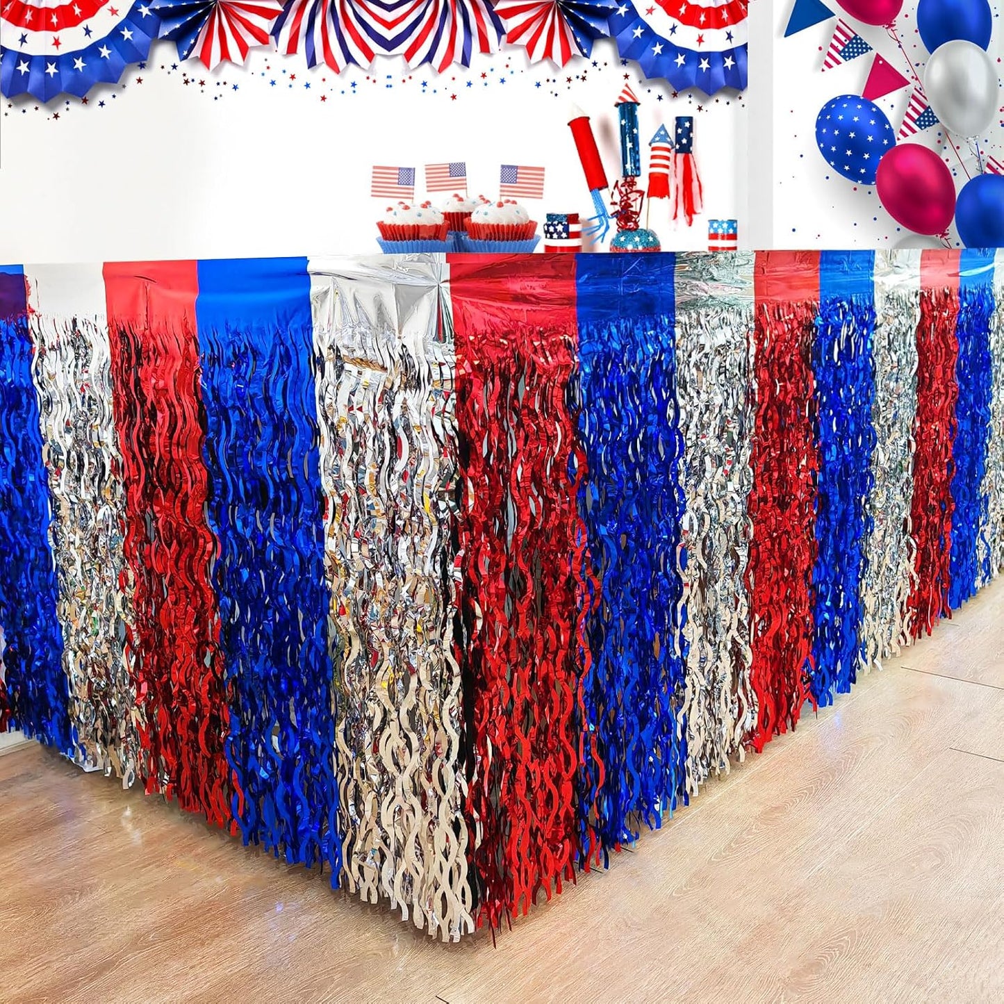 CCINEE 4 Pack 4th Of July Foil Fringe Table Skirt, 36ft Wavy Metallic Tinsel Red White And Blue Patriotic Decorations for Independence Memorial Veterans Day Labor Day Table Skirts Decoration