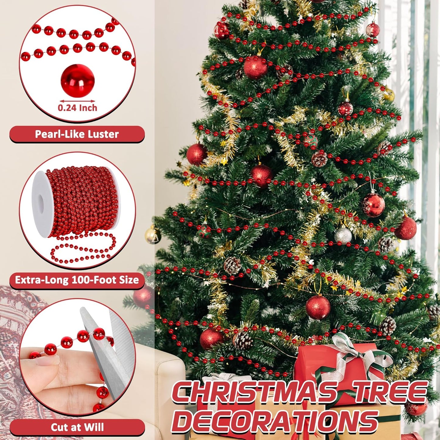 100 Feet Christmas Tree Decorations, Christmas Red Hanging Beads Garland Chain, Beads Strands Chain Trim Garland Decoration for Home Mantle Fireplace Wreath Xmas Tree Decor Supplies