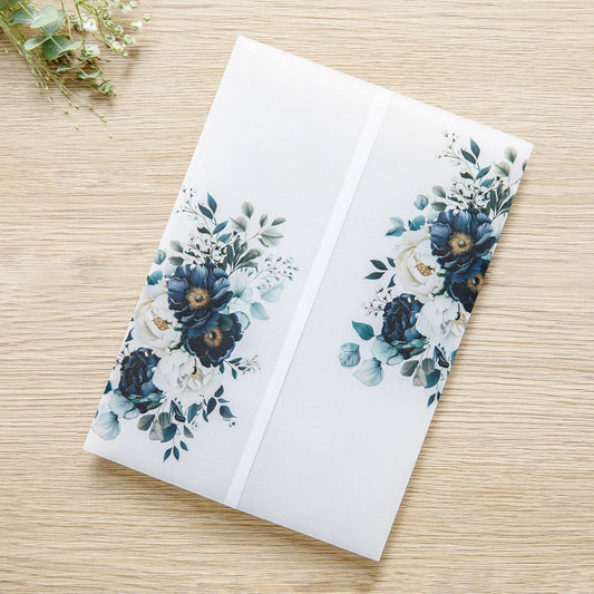 PONATIA 50PCS Vellum Jackets for 5x7 Invitation Cards- 135GSM Navy Blue Flowers Printed Wedding Invitations Wraps - Transparent Christmas Gift Cards