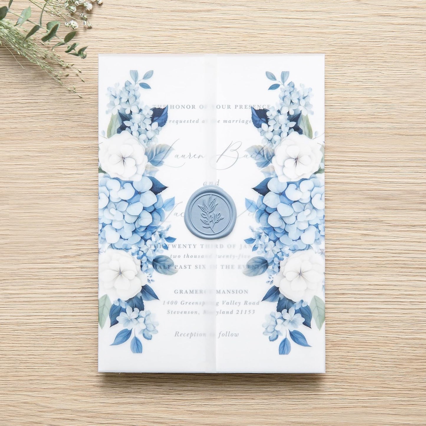 PONATIA 50PCS Vellum Jackets for 5x7 Invitation Cards- 135GSM Dusty Blue Flowers Sleeves, Vellum Paper 5x7 Jackets - Wedding Invitations Wraps - Transparent Card