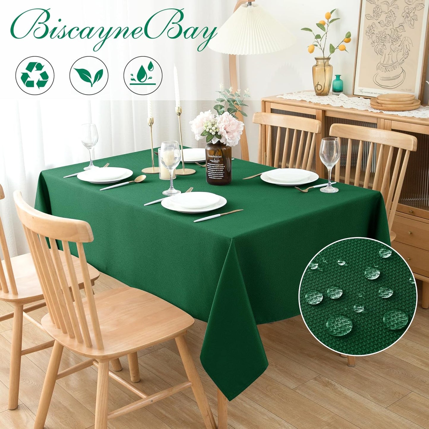 Biscaynebay Textured Fabric Christmas Tablecloths Rectangle 60x84 Inches, Hunter Green Water Resistant Spill Proof Tablecloths for Dining, Kitchen, Wedding and Parties, etc Machine Washable