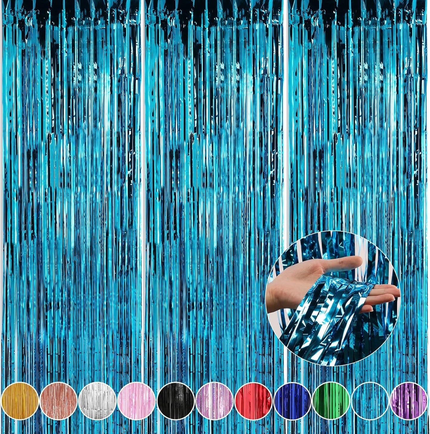 Crosize 3 Pack 3.3 x 9.9 ft Blue Foil Fringe Backdrop Curtain, Streamer Backdrop Curtains, Streamers Birthday Party Decorations, Tinsel Curtain for Parties, Galentines Decor, Preppy, Photo Booth