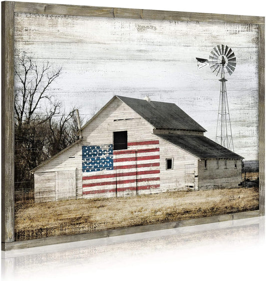 Rustic Landscape Wooden Picture Artwork - Neutral Color Barn with USA Flag Accent Windmill Painting Wall Art Framed