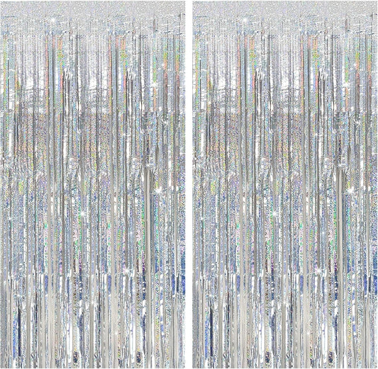 Tinsel Curtain Party Backdrop Silver Birthday Decorations 2 Packs Glitter Foil Fringe Decor Streamers Photo Booth for Christmas Wedding Halloween Graduation Decorations