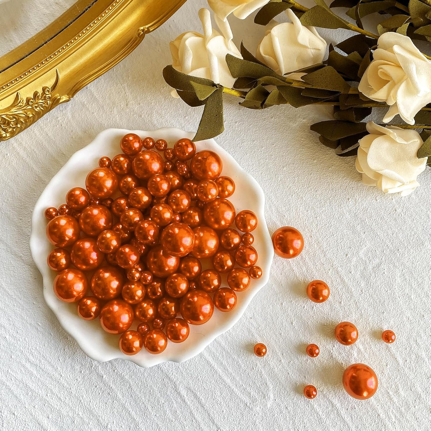 180PCS Orange Beads for Centerpieces Vases, No Hole Polished Pearl Makeup Beads Mixed 8/14/20mm Sizes, Pearl Vase Fillers Table Scatters for Party Wedding Decor