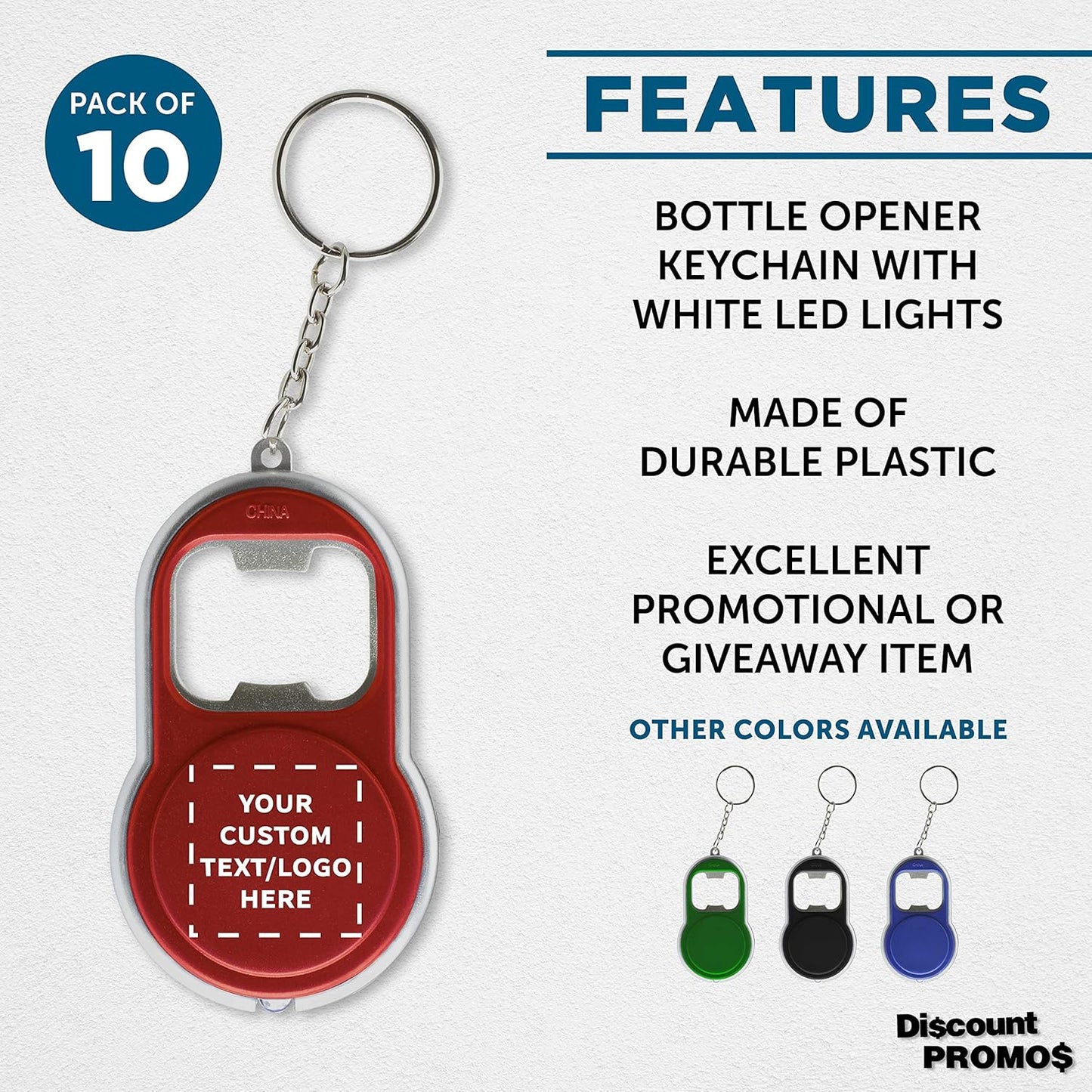 DISCOUNT PROMOS Custom Bottle Opener & LED Keychains Set of 10, Personalized Bulk Pack - Perfect for Tradeshows, Party Favors, Other Events - Red