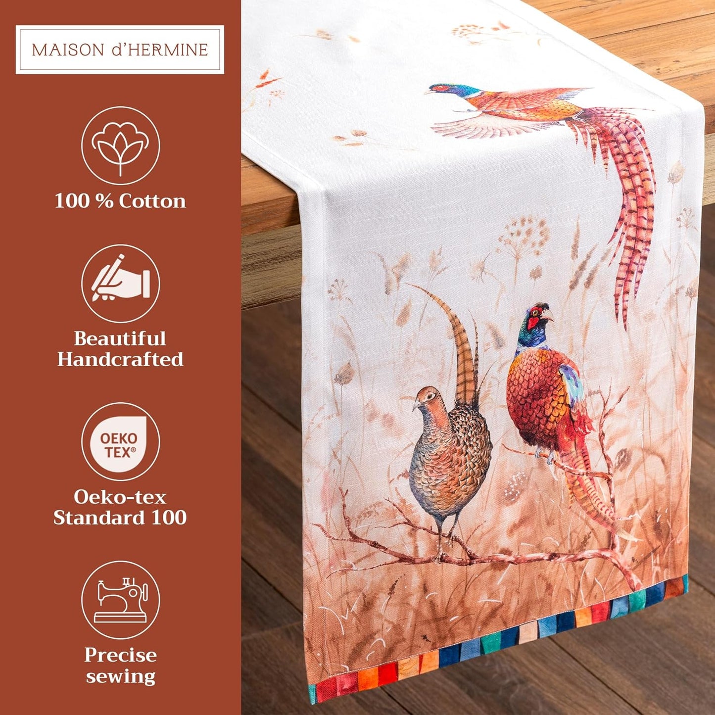 Maison d' Hermine Table Runner 100% Cotton Single Layer Table Runners 108 inches Long for Thanksgiving Christmas Decorations Home Kitchen Dining Party Wedding (Faisan D'Automne, 14.5" x 108")