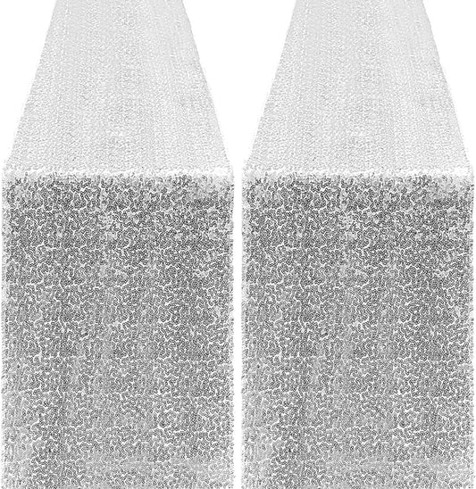 2 Packs 12 x 72 inches Sequin Table Runner, Silver Glitter Table Runner for Birthday Party Supplies Wedding Engagement Baby Shower Holiday Celebration Event Decorations
