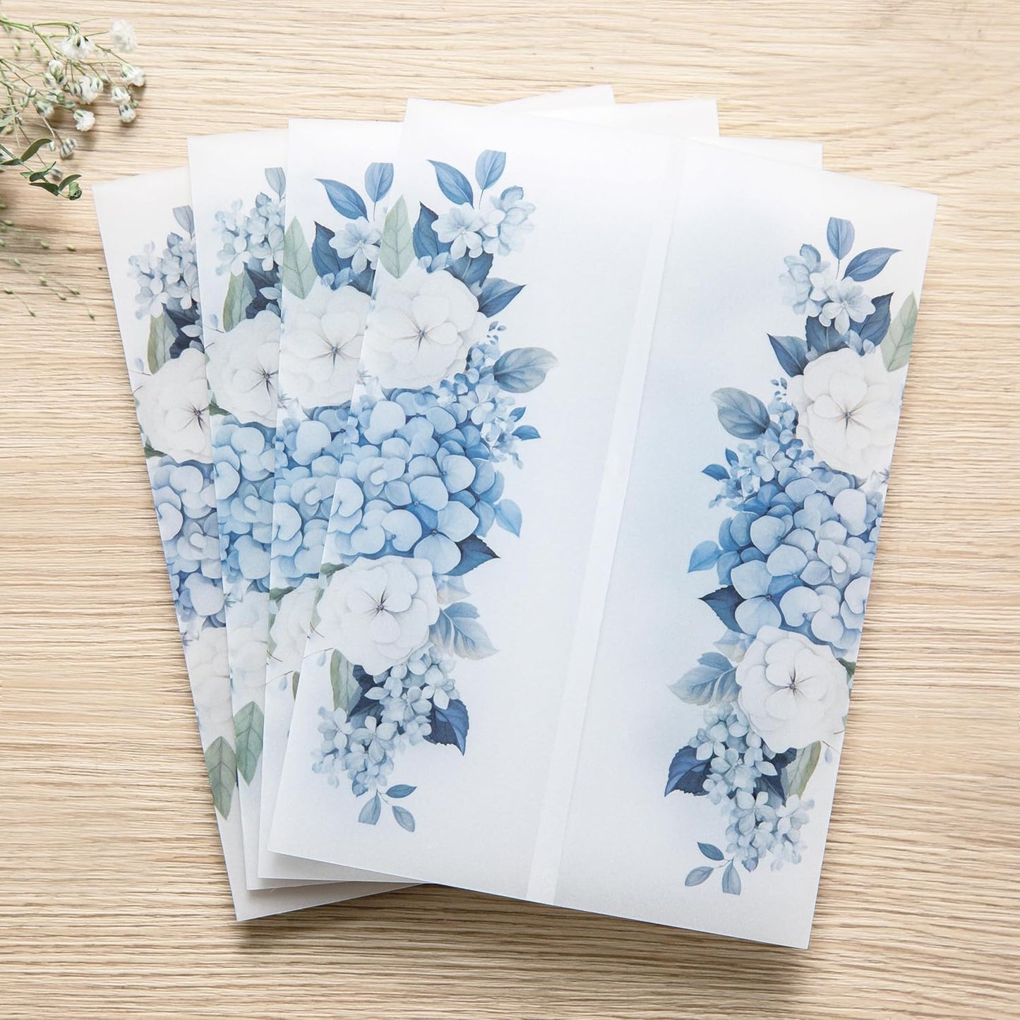 PONATIA 50PCS Vellum Jackets for 5x7 Invitation Cards- 135GSM Dusty Blue Flowers Sleeves, Vellum Paper 5x7 Jackets - Wedding Invitations Wraps - Transparent Card