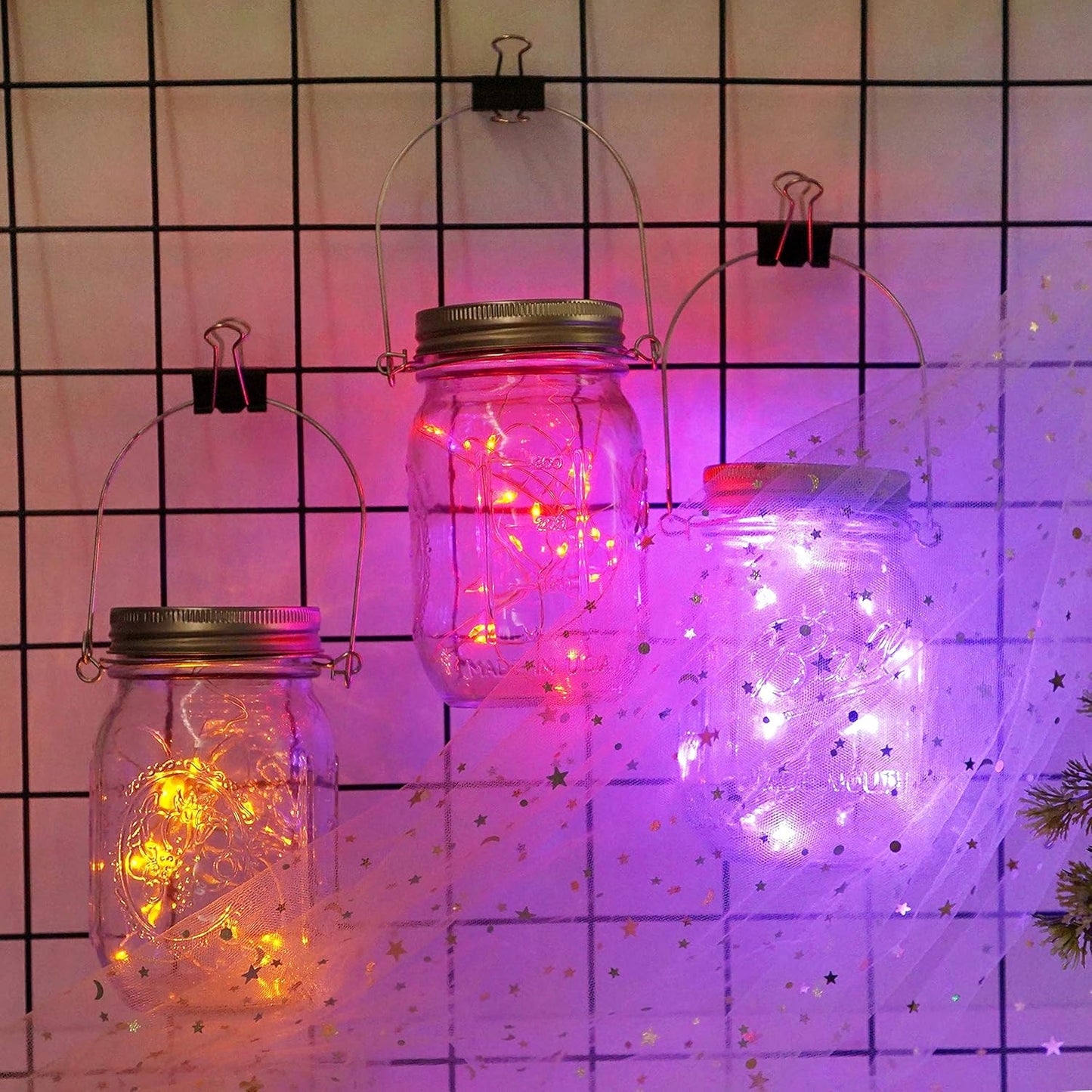 Decorman Solar Mason Jar Lid Lights, 6 Pack 20 LED Waterproof String Fairy Star Firefly Jar Lids Lights for Patio Garden Yard Lawn Party Wedding Christmas Decoration(Jars & Hangers Not Included)